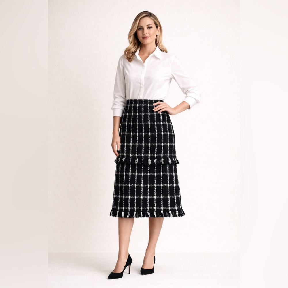 Tory Burch | Tweed Fringe Midi Skirt Black White Plaid (Est. US 10 / M)